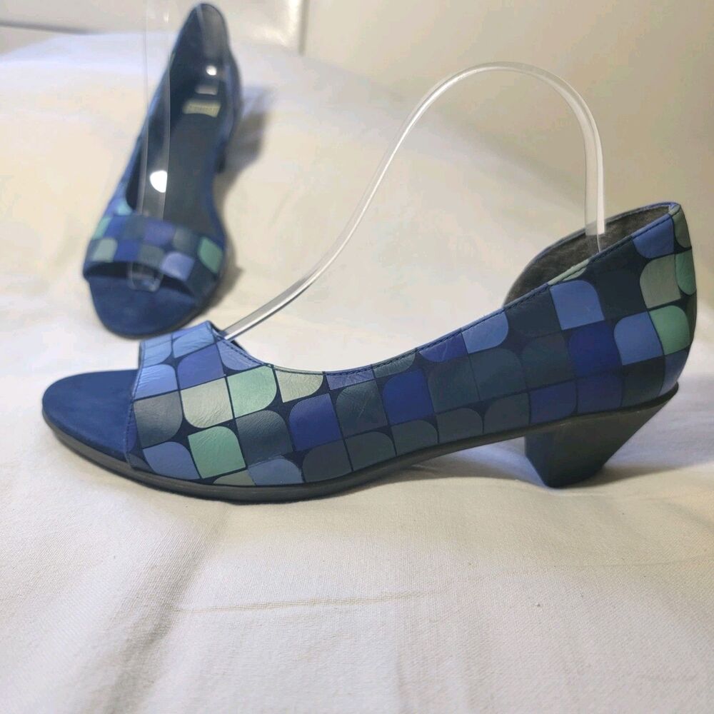 Camper Blue Teal Mosaic Peep-Toe Low Heels